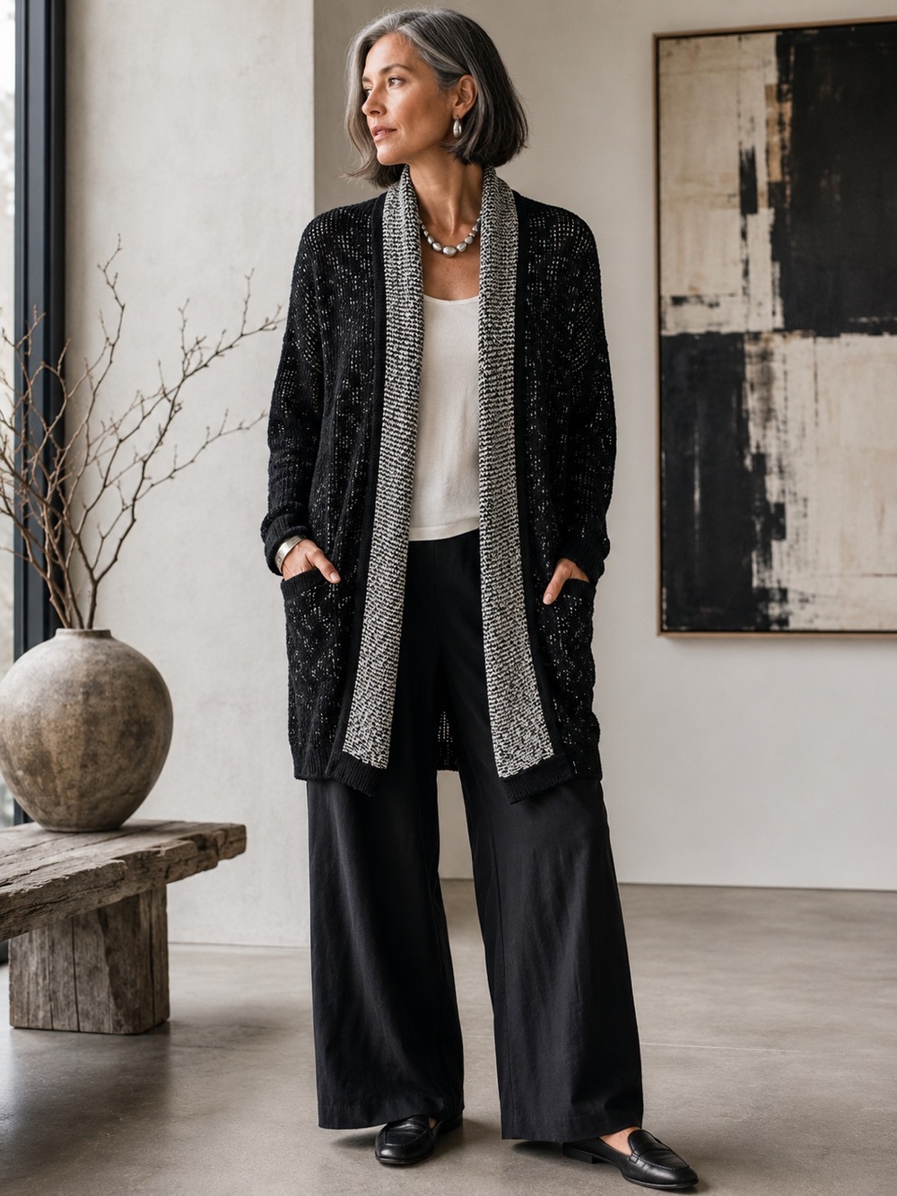 Eileen Fisher Organic Cotton Open Knit Long Cardigan Black White XS Lagenlook